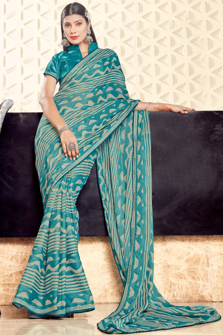 Light Cyan Color Georgette Beauteous Casual Look Printed Saree